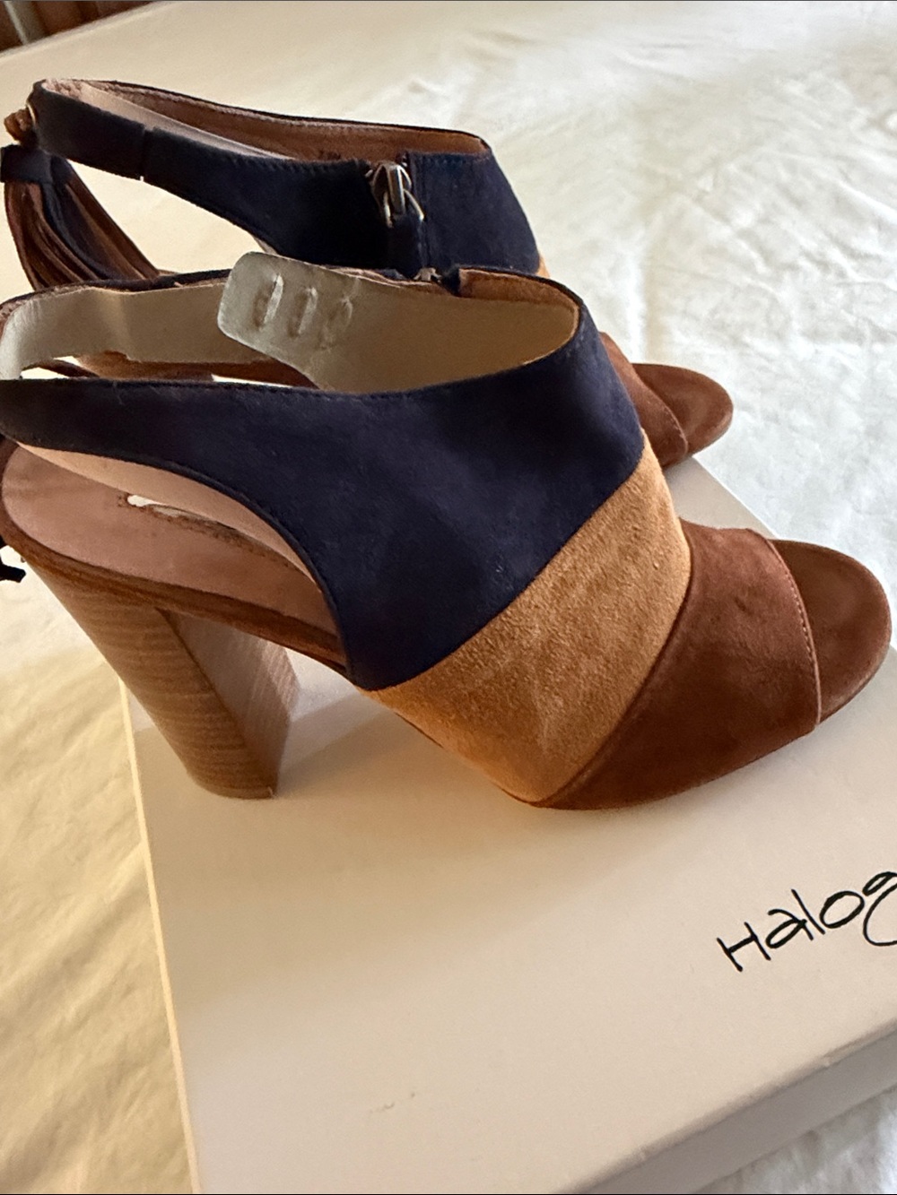 Halogen Navy, Tan & Brown Suede Colorblock Peep-Toe Block Heels